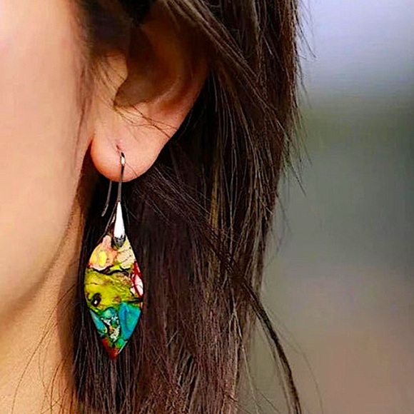 Natural Imperial Stone Leaf Dangle Earrings Boho - Picture 2 of 6